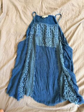 Rebellion Blue Crochet-Panel Halter Top